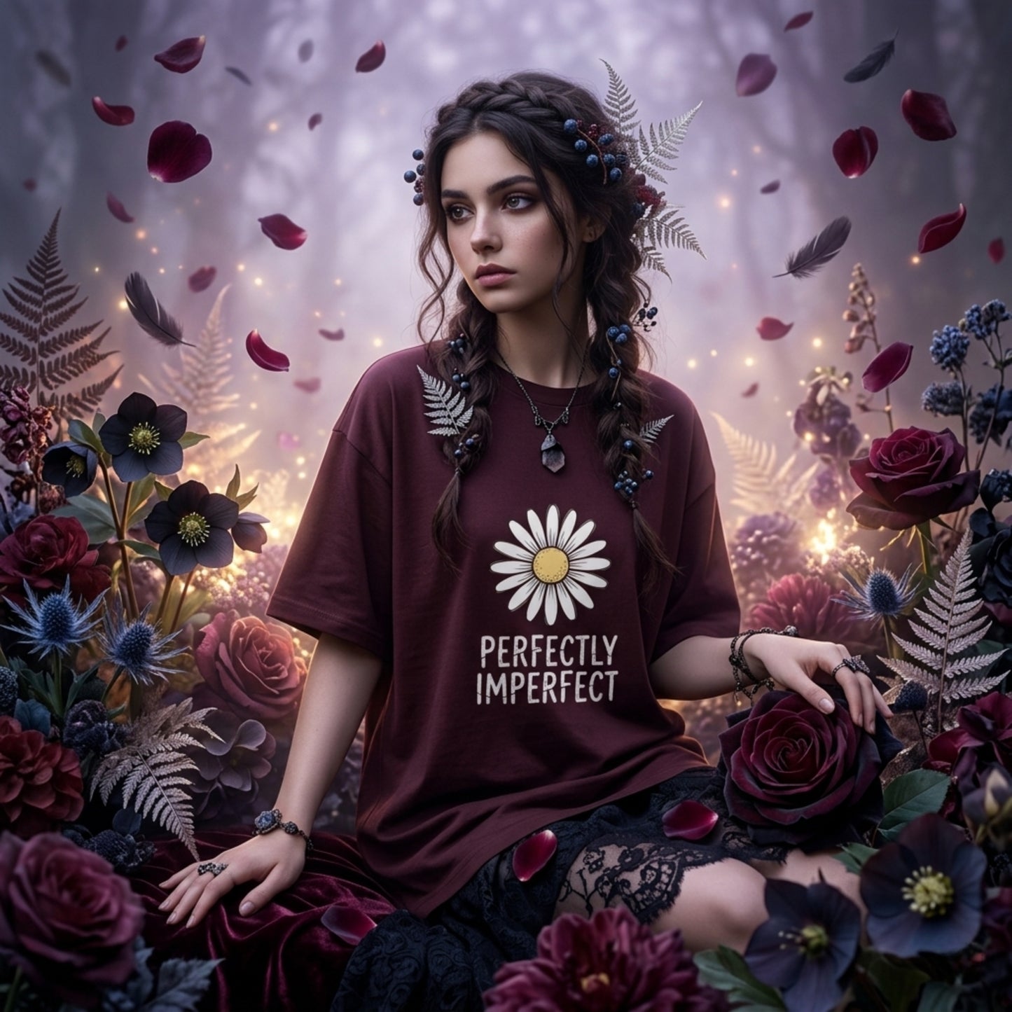 Woman wearing a 'Perfectly Imperfect' text oversized tshirt surrounded by flowers and foliaget 
