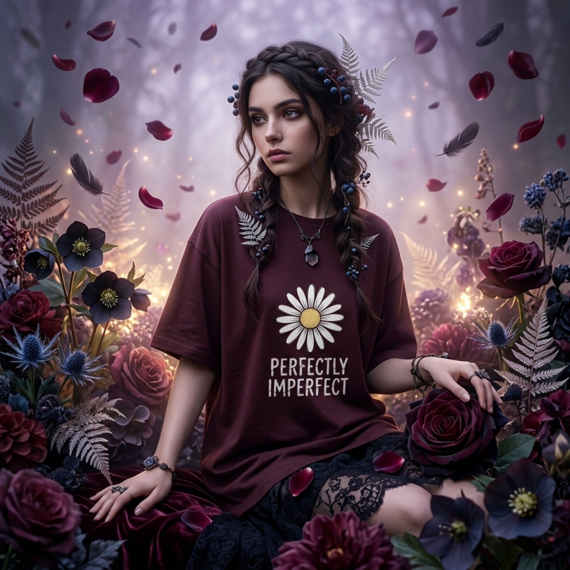 Woman wearing a 'Perfectly Imperfect' text oversized tshirt surrounded by flowers and foliaget 