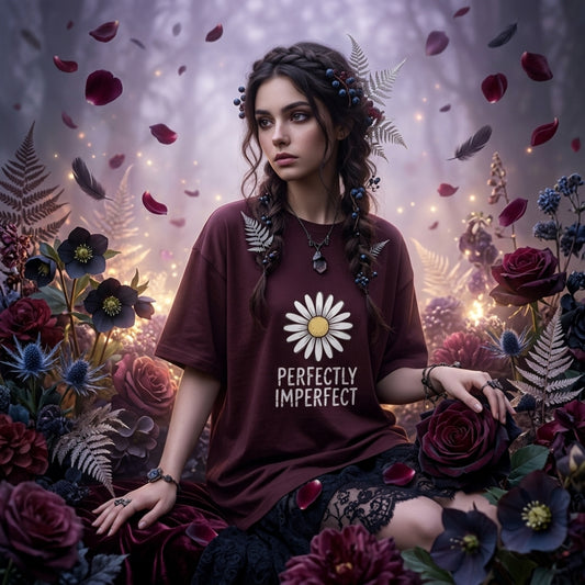 Woman wearing a 'Perfectly Imperfect' text oversized tshirt surrounded by flowers and foliaget 