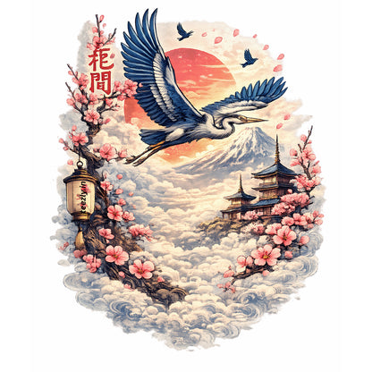 Japanese Crane Sakura T-Shirt | Cherry Blossom Mount Fuji Graphic Tee | Aesthetic Bird Art Unisex Stretch Top