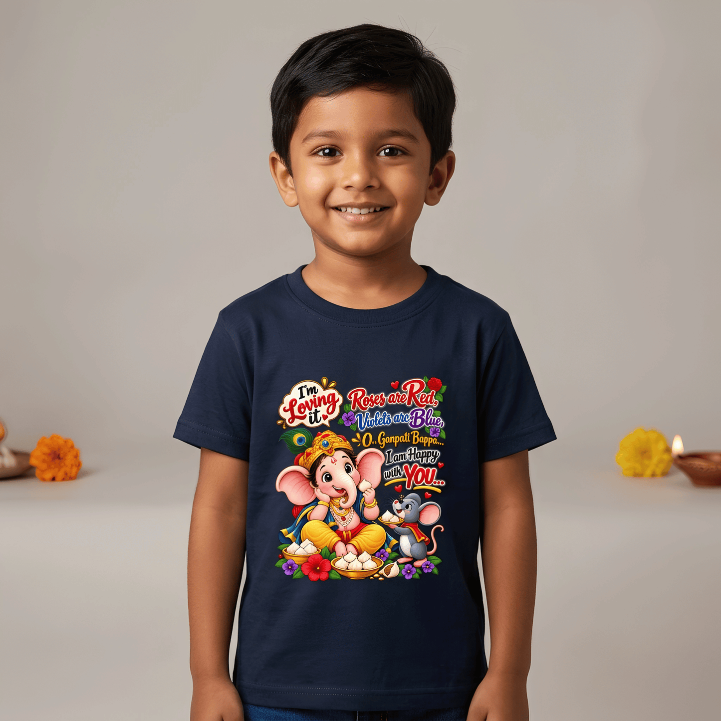 Ganpati Bappa Kids T-Shirt | Cute Ganesha & Mooshak Cotton Tee for Boys India