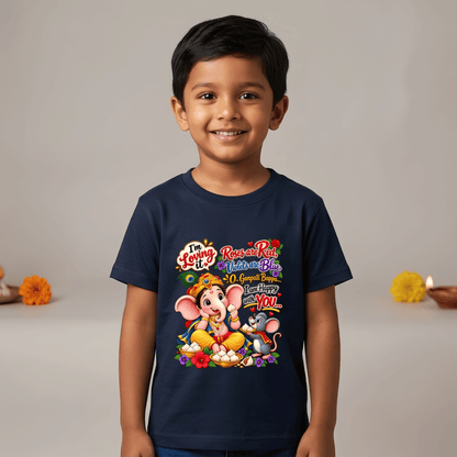 Ganpati Bappa Kids T-Shirt | Cute Ganesha & Mooshak Cotton Tee for Boys India