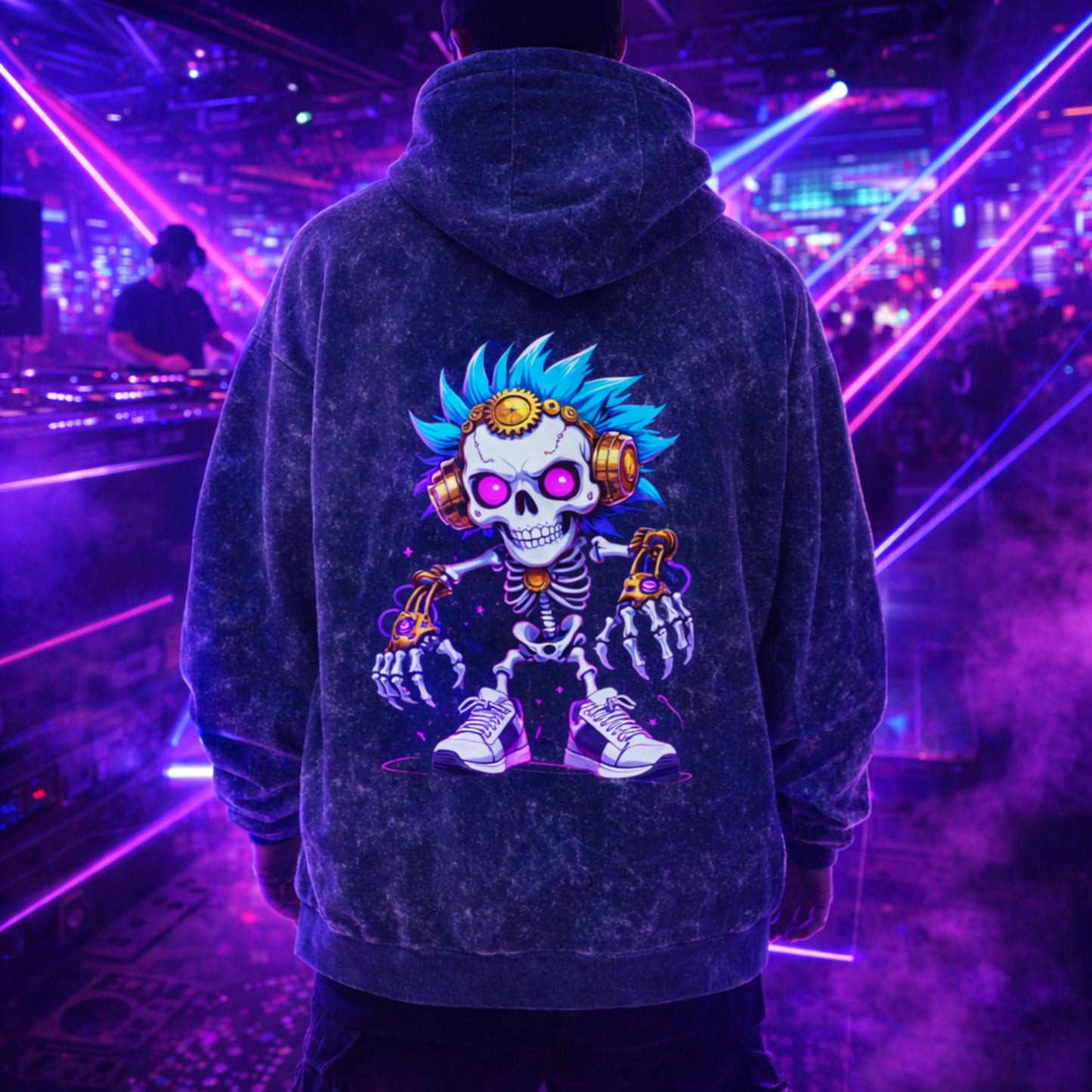 Neon Skull Graphic Hoodie | Cyberpunk Acid Wash Oversized Hoodie by Teezly