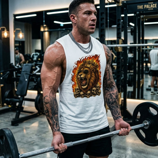 Roaring Lion King Sleeveless T-Shirt for Men | Flaming Skull Graphic Cotton Gym Tank | Streetwear Muscle Tee