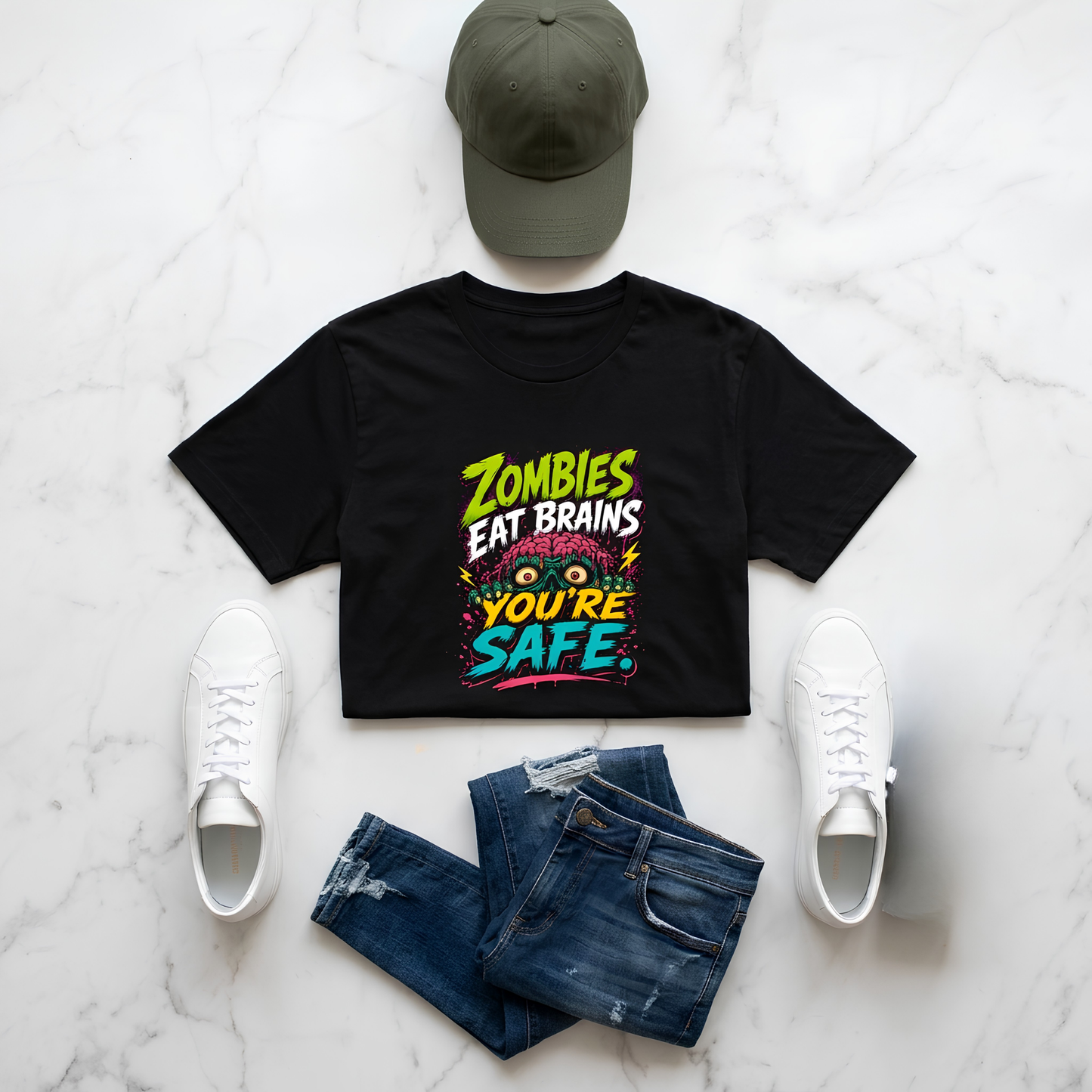Zombies Eat Brains You're Safe – Funny Graphic T-Shirt | Teezly.in
