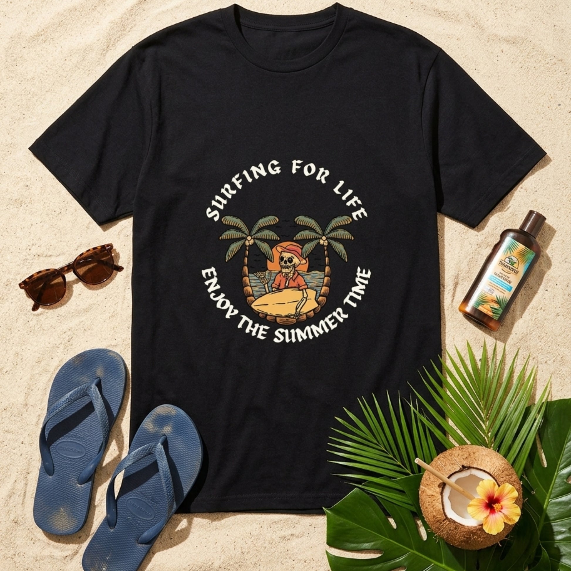 Black t-shirt with 'Surfing for Life, Enjoy the Summer Time' design on a sandy background with flip-flops, sunglasses, and a coconut drink.