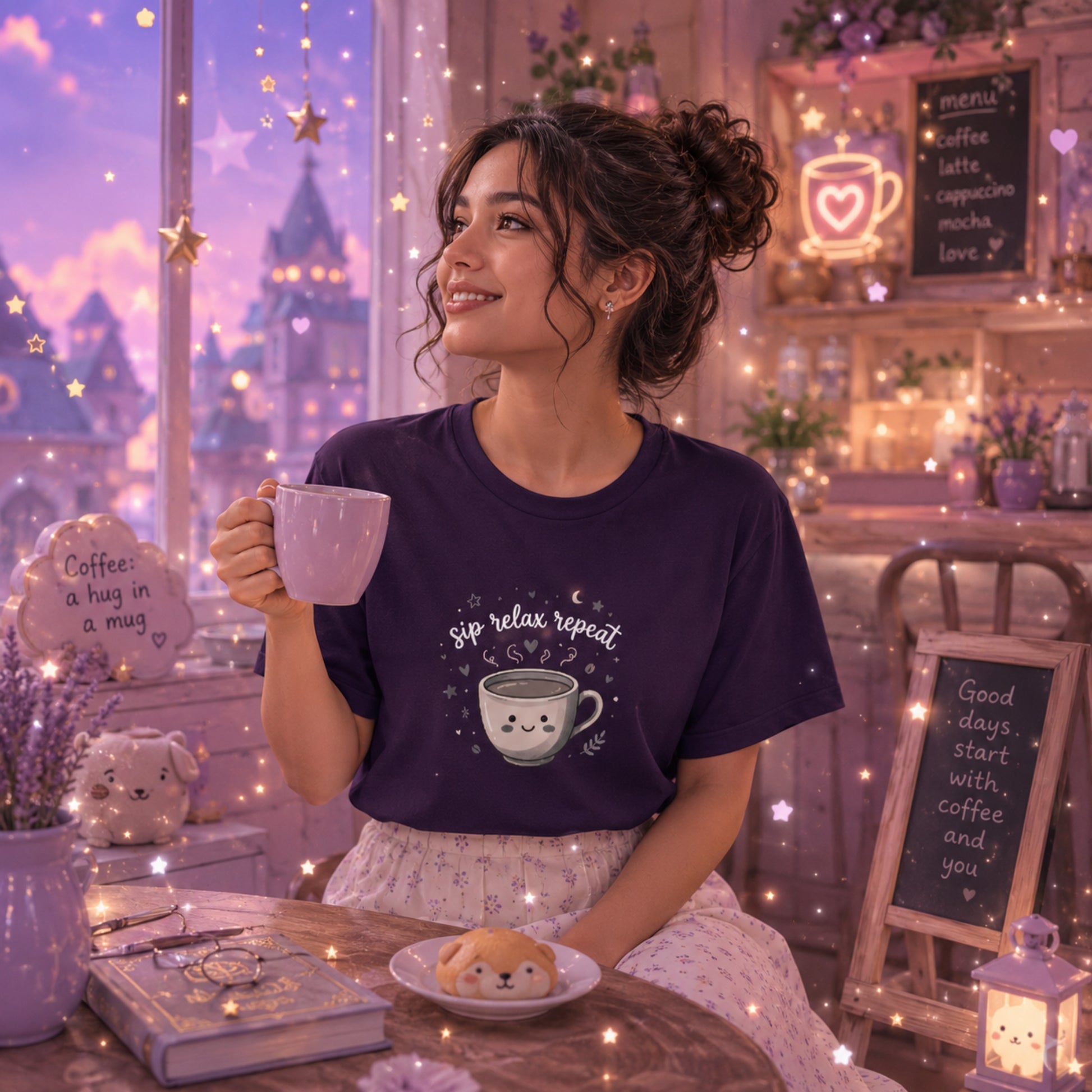 women's crew neck tshirt with printed text'sip relax repeat' and coffee mug 