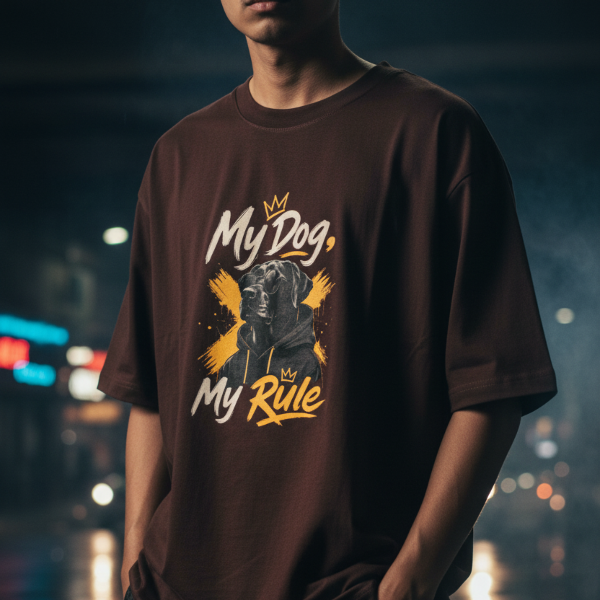 Person wearing a brown t-shirt with a graphic design and text, standing against a blurred cityscape background.