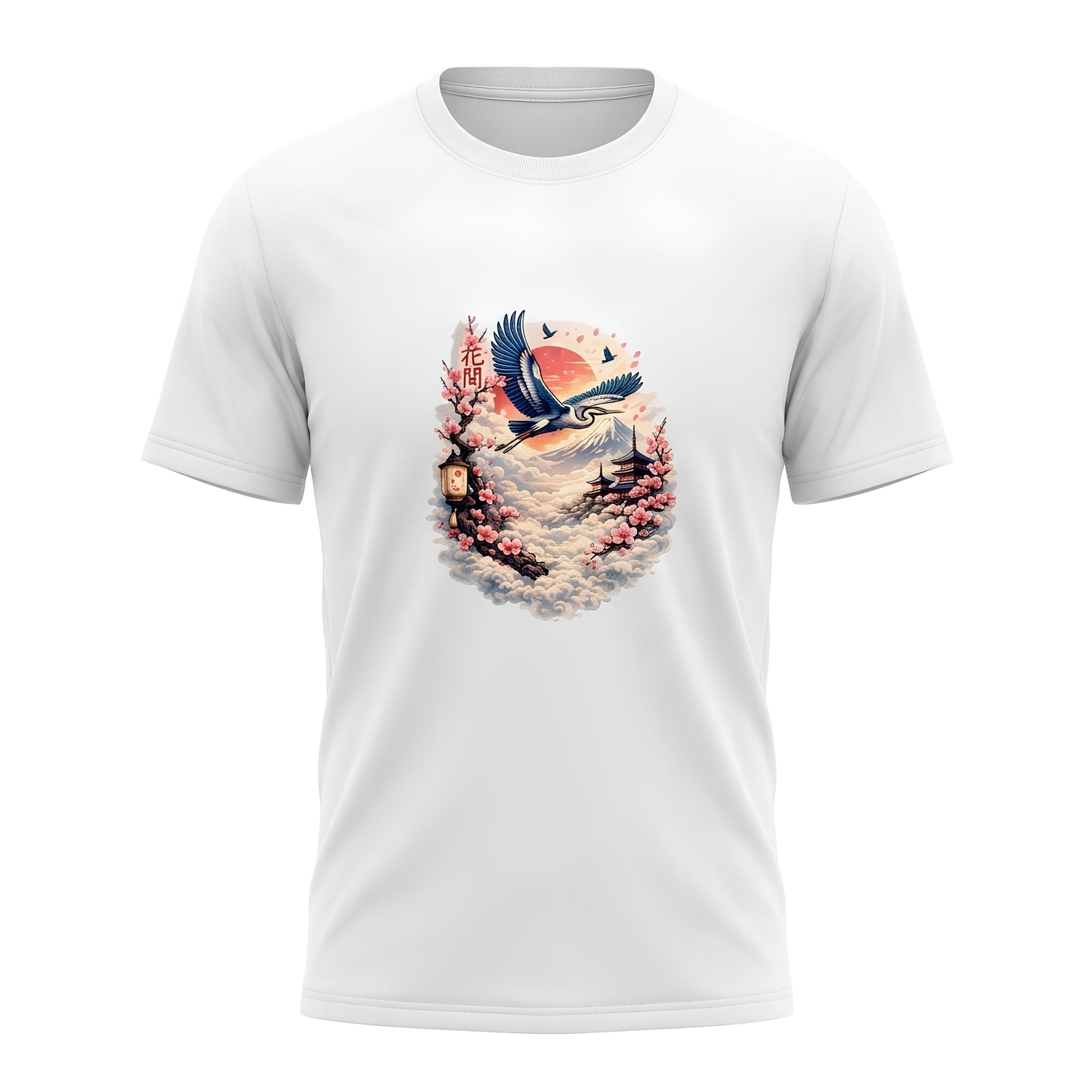 White unisex stretch t-shirt with Japanese crane flying over Mount Fuji and cherry blossom sakura branches graphic print