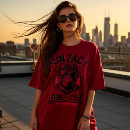 'I Don’t Care' Slogan Tees | Edgy Unisex Oversized 'Fun Fact' Graphic Tee | Monkey with Aviator Goggles & Flames | Unisex Oversized Classic T-Shirt