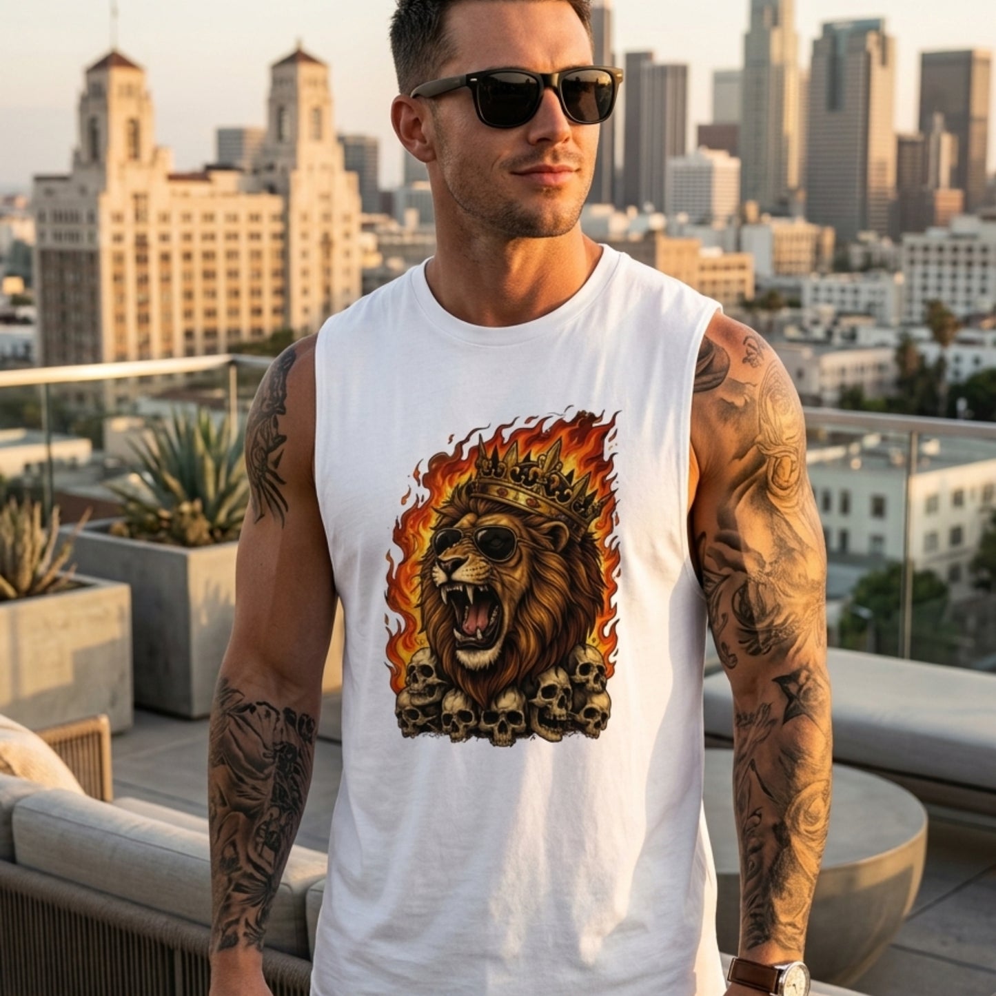 Roaring Lion King Sleeveless T-Shirt for Men | Flaming Skull Graphic Cotton Gym Tank | Streetwear Muscle Tee