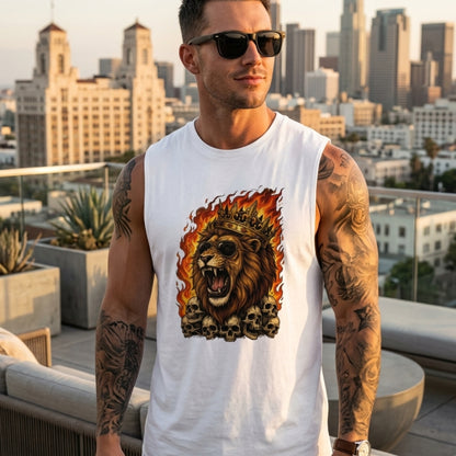 Roaring Lion King Sleeveless T-Shirt for Men | Flaming Skull Graphic Cotton Gym Tank | Streetwear Muscle Tee