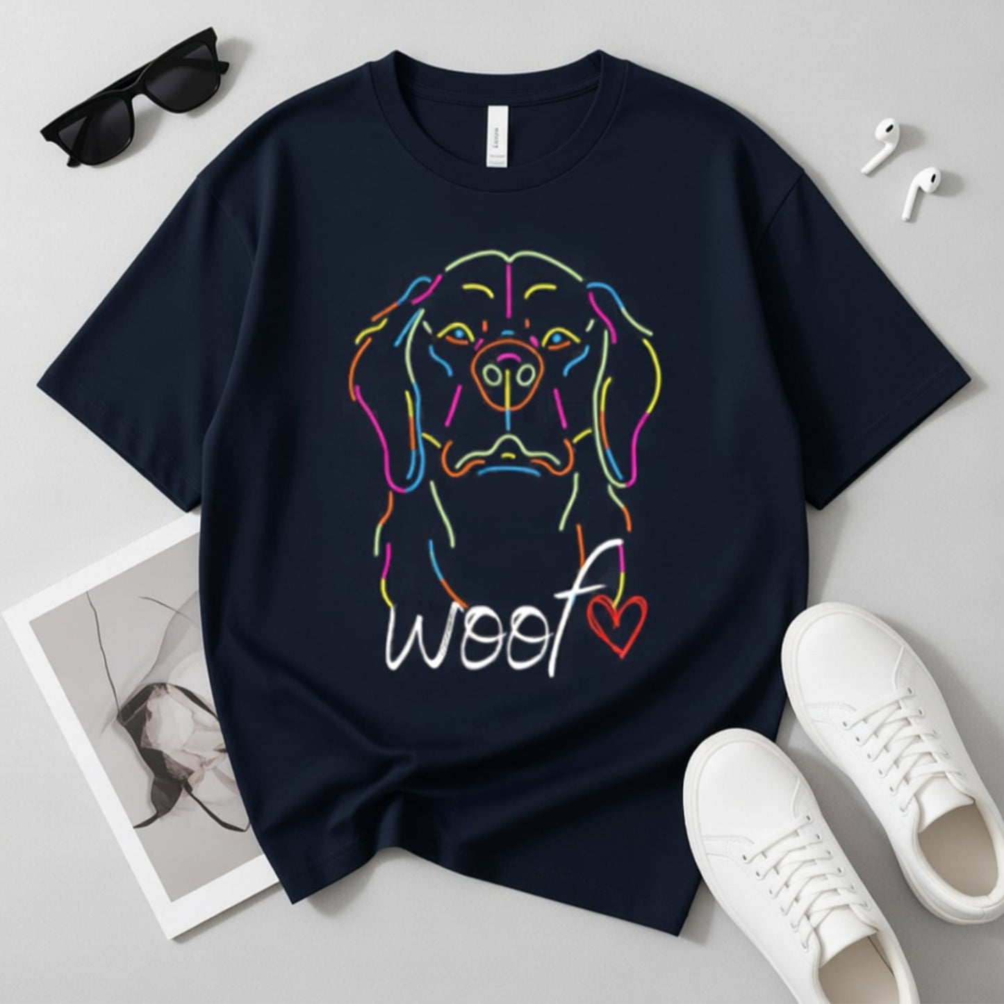 Navy blue oversized t-shirt with colorful dog graphic and 'woof' text on a light gray surface with accessories.
