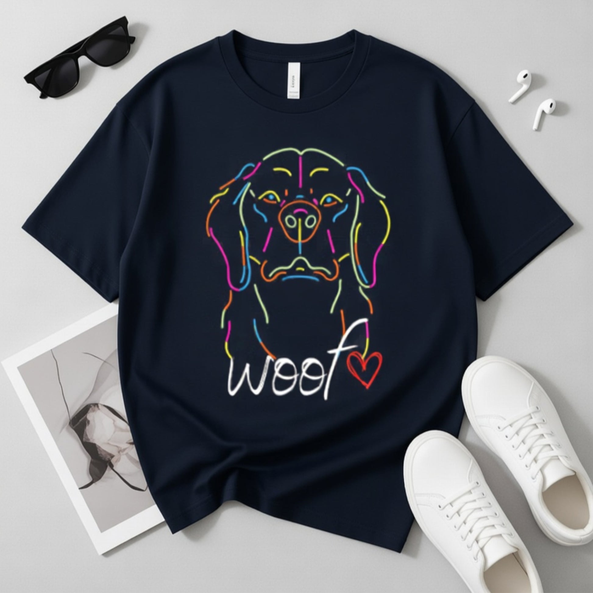 Navy blue oversized t-shirt with colorful dog graphic and 'woof' text on a light gray surface with accessories.