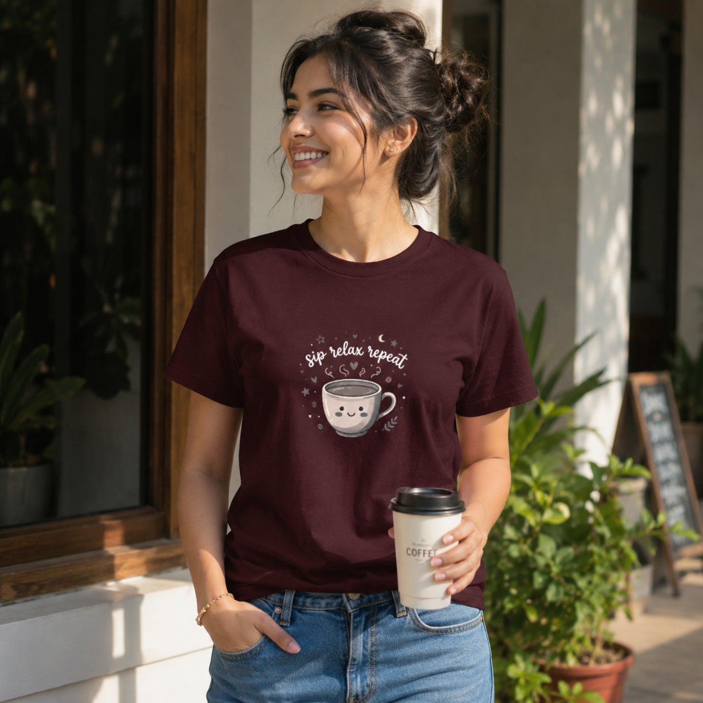 women's crew neck tshirt with printed text'sip relax repeat' and coffee mug 