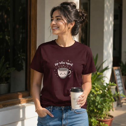 women's crew neck tshirt with printed text'sip relax repeat' and coffee mug 
