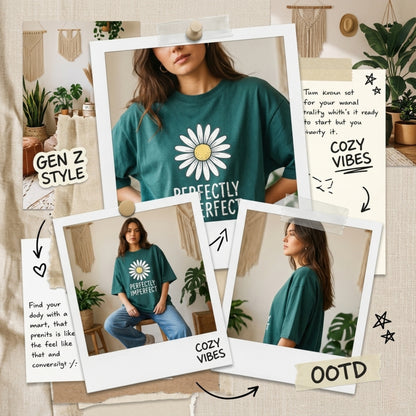 Perfectly Imperfect Oversized T-Shirt for Women | Daisy Graphic Cotton Tee | Cute Aesthetic Oversized Streetwear Shirt