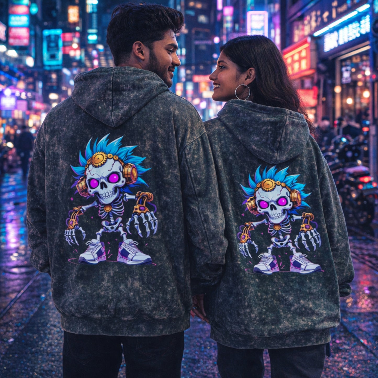 Neon Skull Graphic Hoodie | Cyberpunk Acid Wash Oversized Hoodie by Teezly