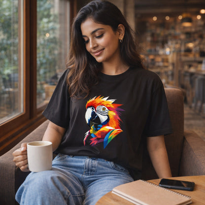 Woman wearing a black t-shirt with a colorful parrot design, sitting in a cozy cafe.