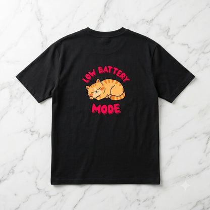 Low Battery Mode Cat Oversized T-Shirt Maroon - Funny Cat Meme Streetwear Tee - Teezly.in