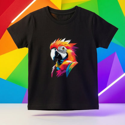 black kids tshirt with colorful parrot design