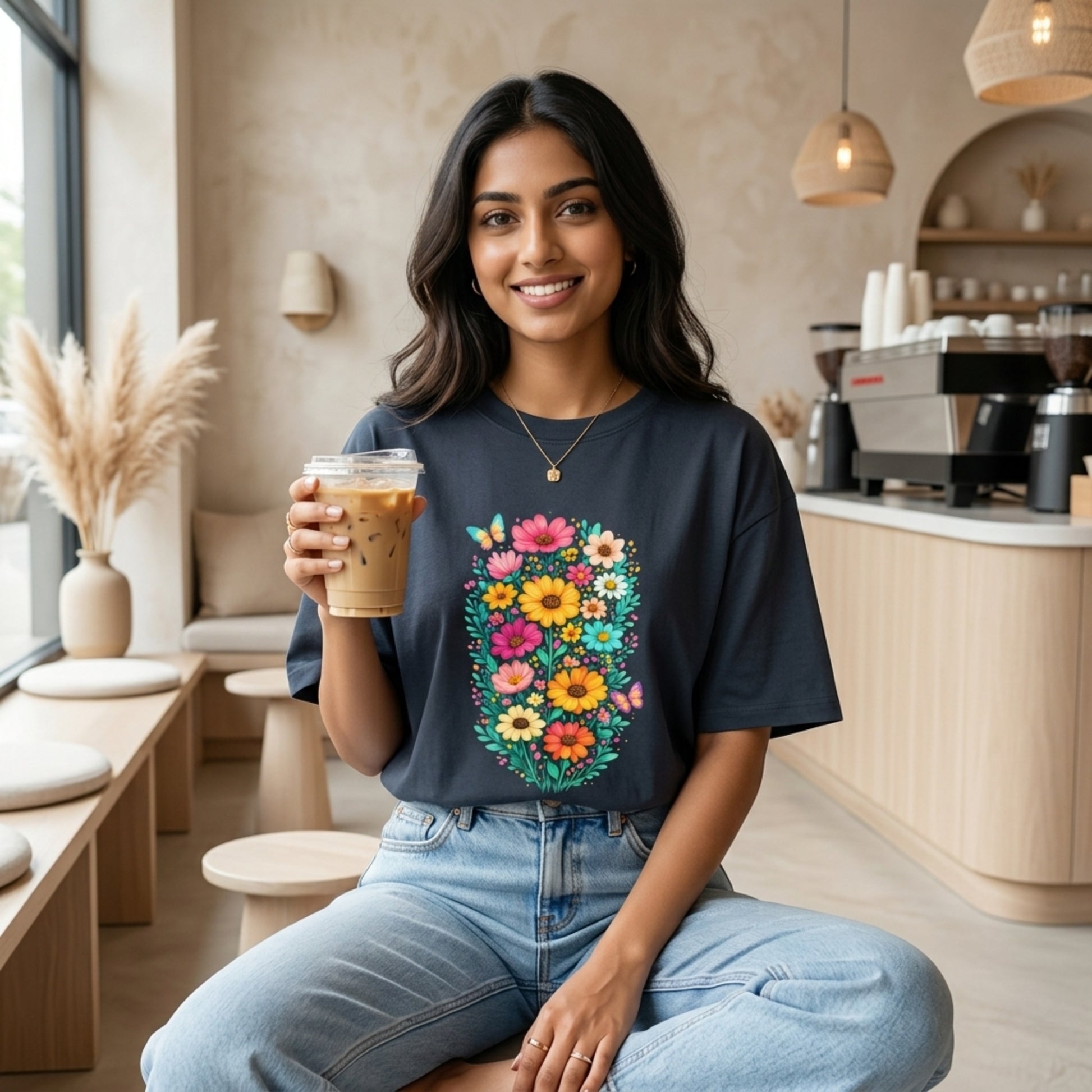Woman holding a coffee cup in a cozy cafe setting wearing a black oversized t-shirt with a colorful floral design.