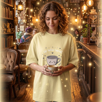 Sip Relax Repeat Oversized T-Shirt for Coffee Lover | Cute Coffee Graphic Tee | Unisex 100% Cotton 180 GSM Casual Streetwear