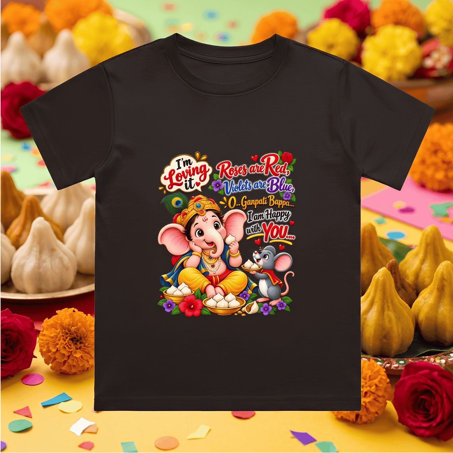 Ganpati Bappa Kids T-Shirt | Cute Ganesha & Mooshak Cotton Tee for Boys India