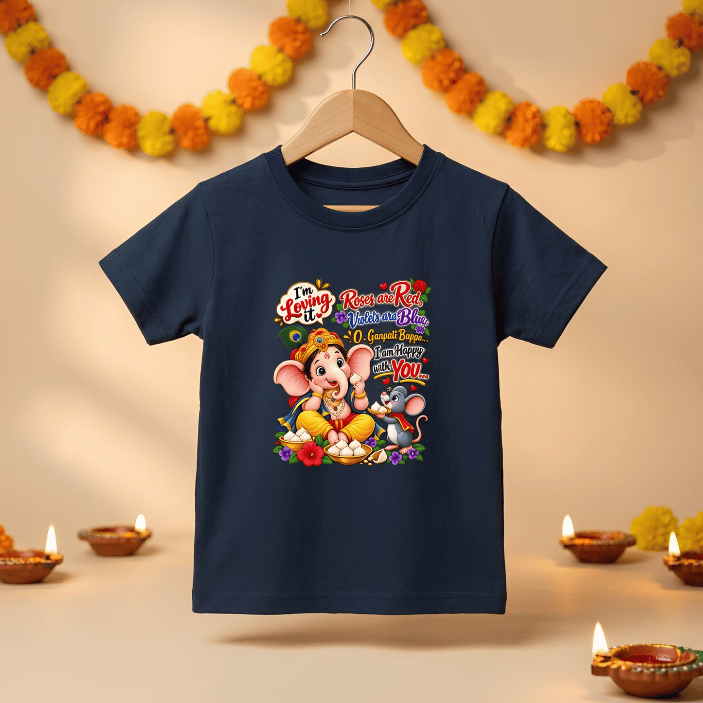 Cute Ganpati Bappa Print Girl's Crew Neck T-Shirt