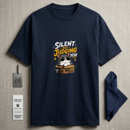 Silent But Judging You | Cat Meme Graphic T-Shirt | Premium Cotton Blend Funny Meme Tee | Attitude Streetwear T-Shirt For Cat lover