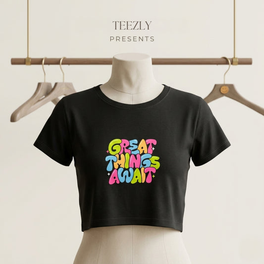 cute black crop top with printed text 'great things await'
