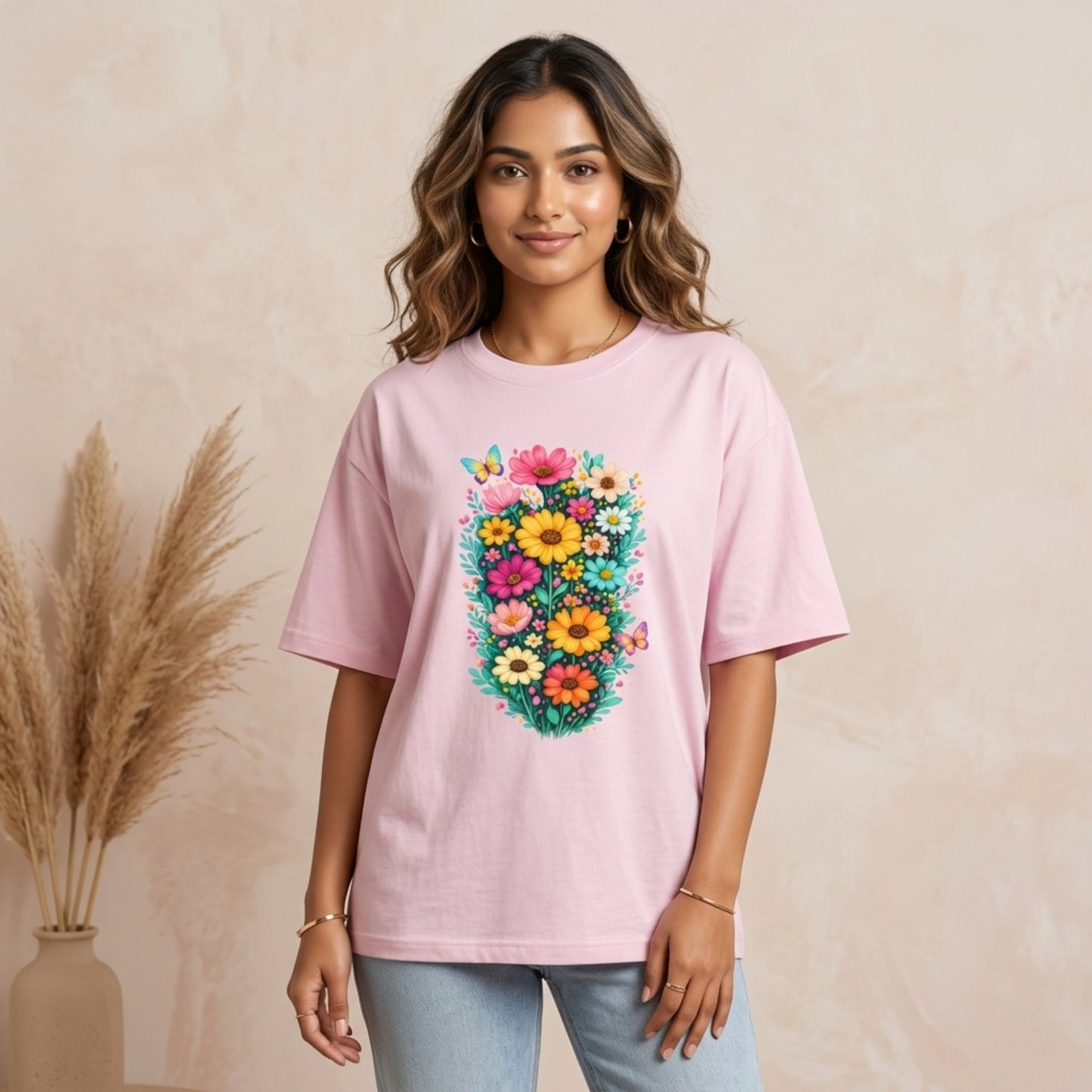 Women’s Oversized Floral T-Shirt | Aesthetic Boho Flower Graphic Tee | Cotton Streetwear Shirt for Girls