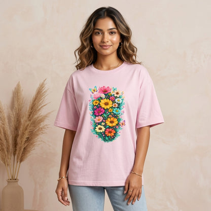 Women’s Oversized Floral T-Shirt | Aesthetic Boho Flower Graphic Tee | Cotton Streetwear Shirt for Girls
