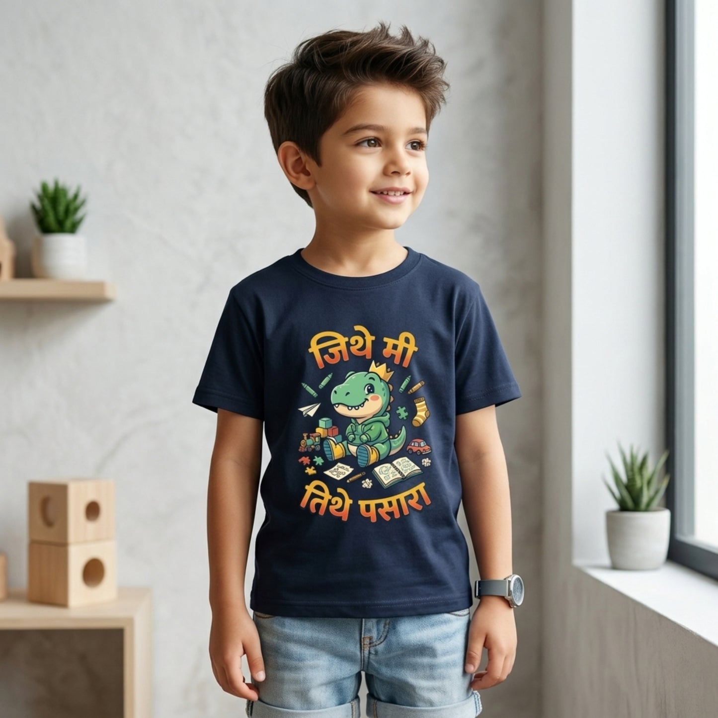 Marathi Funny Kids T-Shirt – Jithe Mi Tithe Pasara | Cute Dinosaur Cotton Tee