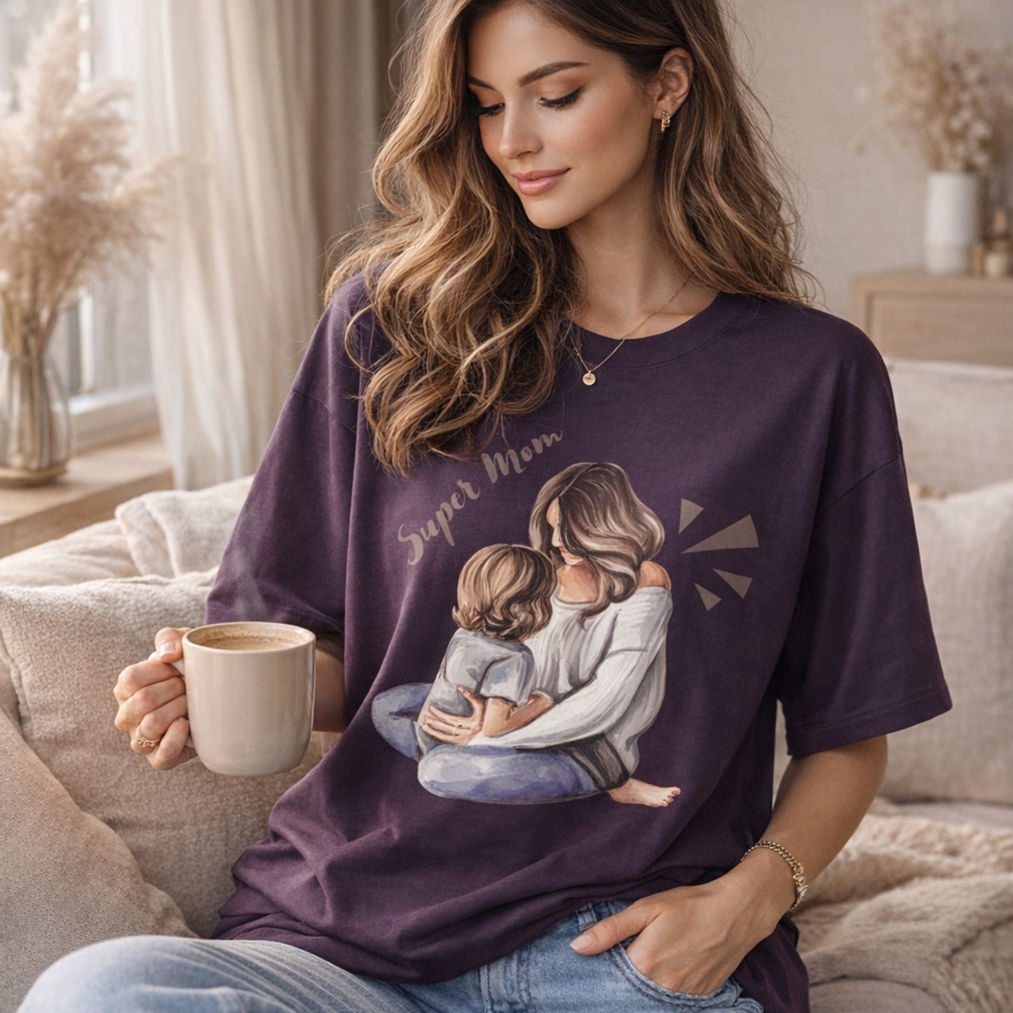 Super Mom T-Shirt for Women, Mother and Child Love Graphic Tee, Cute Mom Gift Shirt
