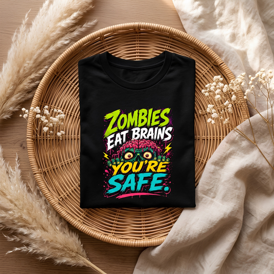 Zombies Eat Brains You're Safe – Funny Neon Zombie Graphic T-Shirt in Navy Blue | Unisex Stretch Tee by Teezly.in
