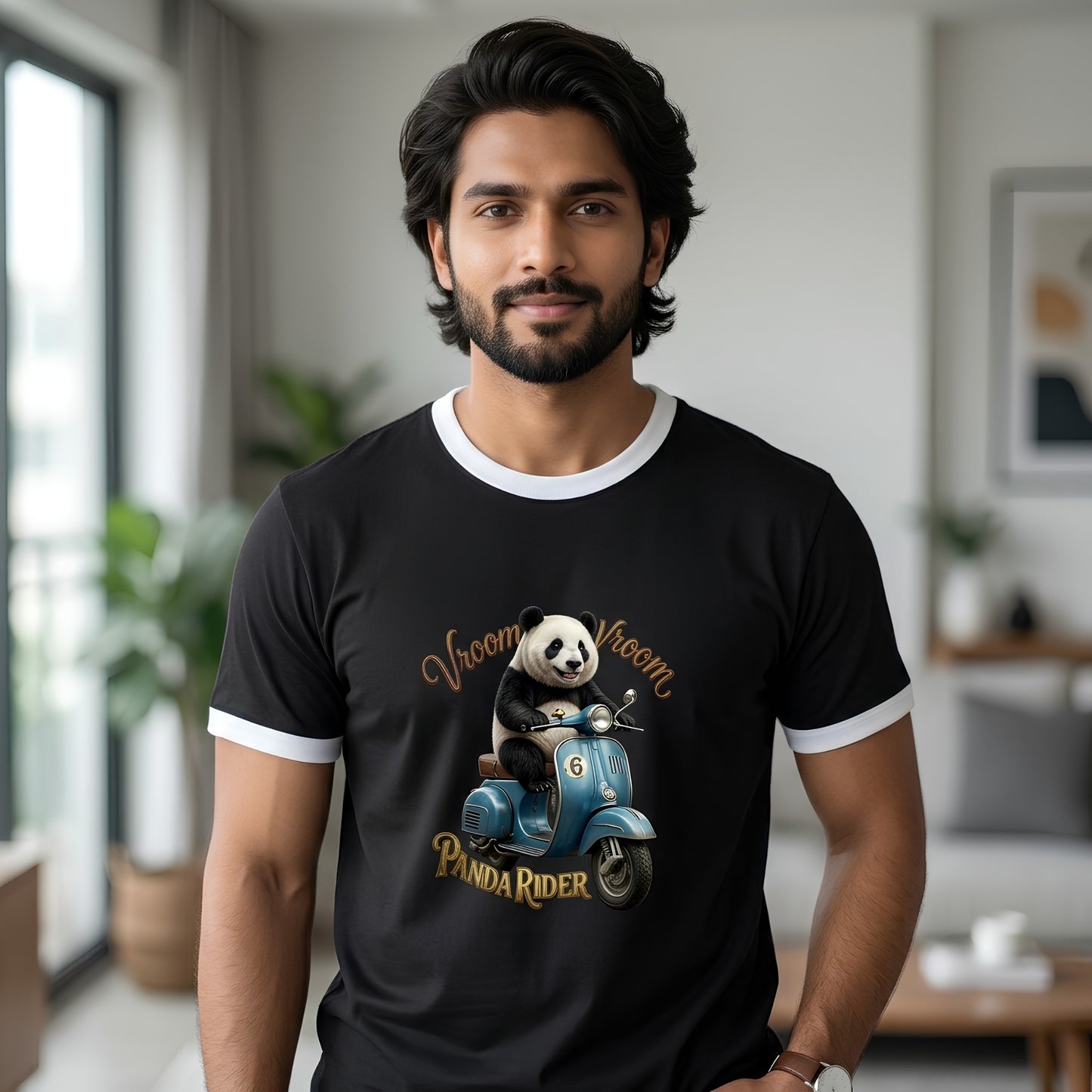 Vroom Vroom Panda Rider Ringer T-Shirt | Funny Scooter Graphic Tee | Scooter Lovers Gift