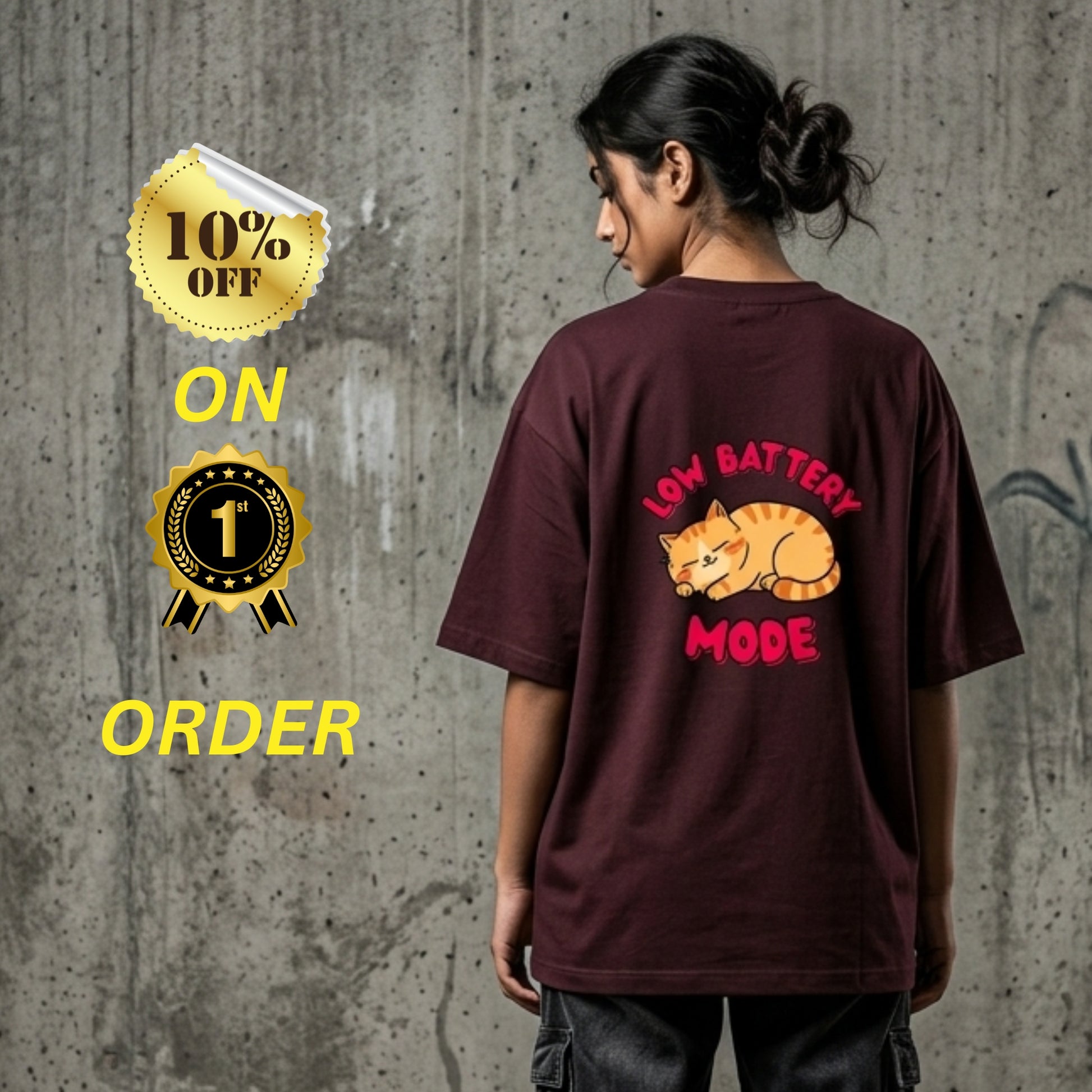 Low Battery Mode Cat Oversized T-Shirt Maroon - Funny Cat Meme Streetwear Tee - Teezly.in