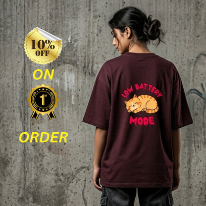 Low Battery Mode Cat Oversized T-Shirt Maroon - Funny Cat Meme Streetwear Tee - Teezly.in