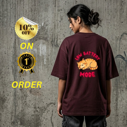 Low Battery Mode Cat Oversized T-Shirt Maroon - Funny Cat Meme Streetwear Tee - Teezly.in