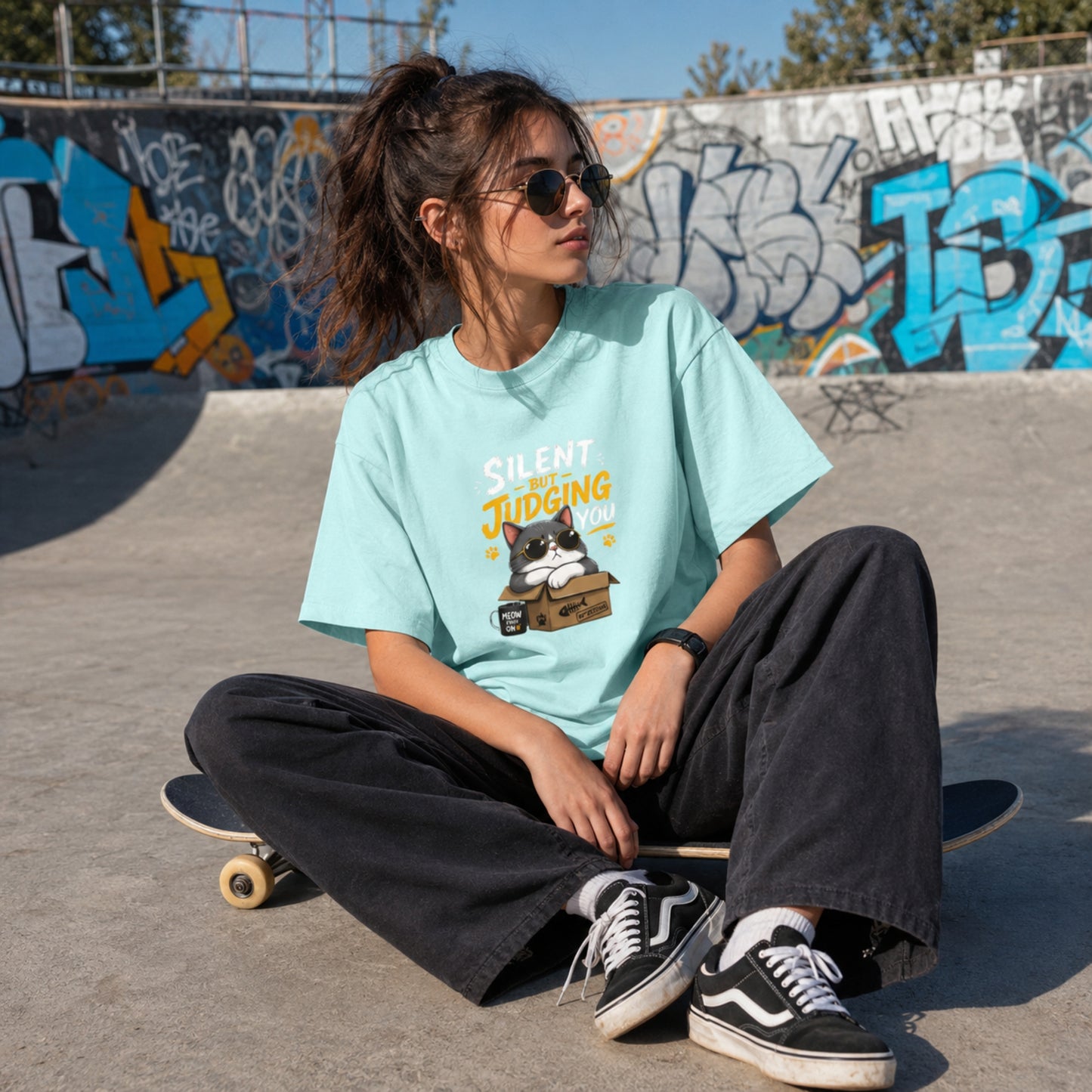 Person sitting on a skateboard wearing a light blue t-shirt with a graphic design, in front of a graffiti-covered wall.