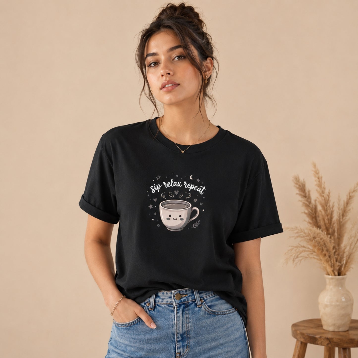 women's crew neck tshirt with printed text'sip relax repeat' and coffee mug 