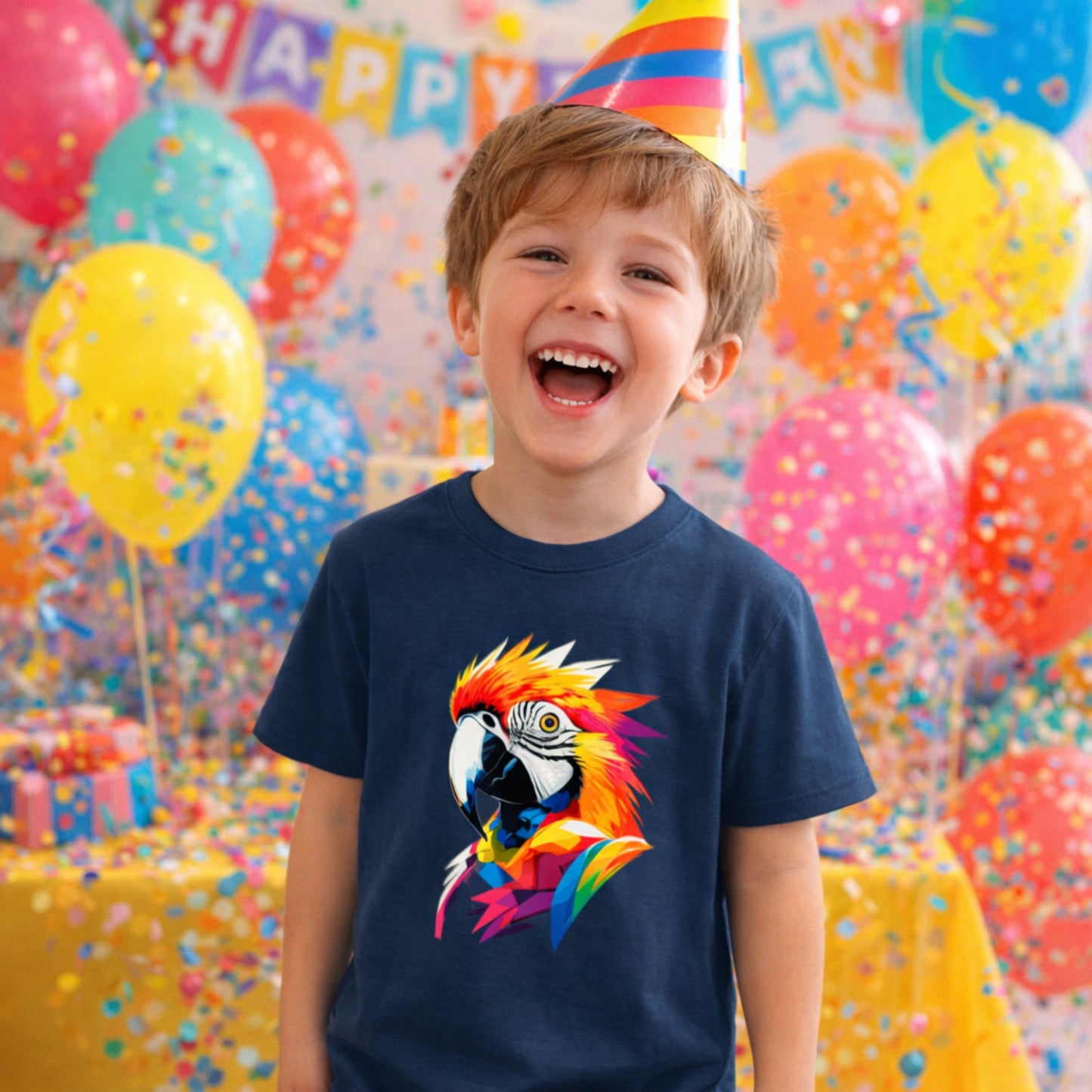 Colorful Parrot Kids T-Shirt | Geometric Cute Bird Print Tees for Children