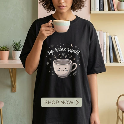 Sip Relax Repeat Oversized T-Shirt for Coffee Lover | Cute Coffee Graphic Tee | Unisex 100% Cotton 180 GSM Casual Streetwear