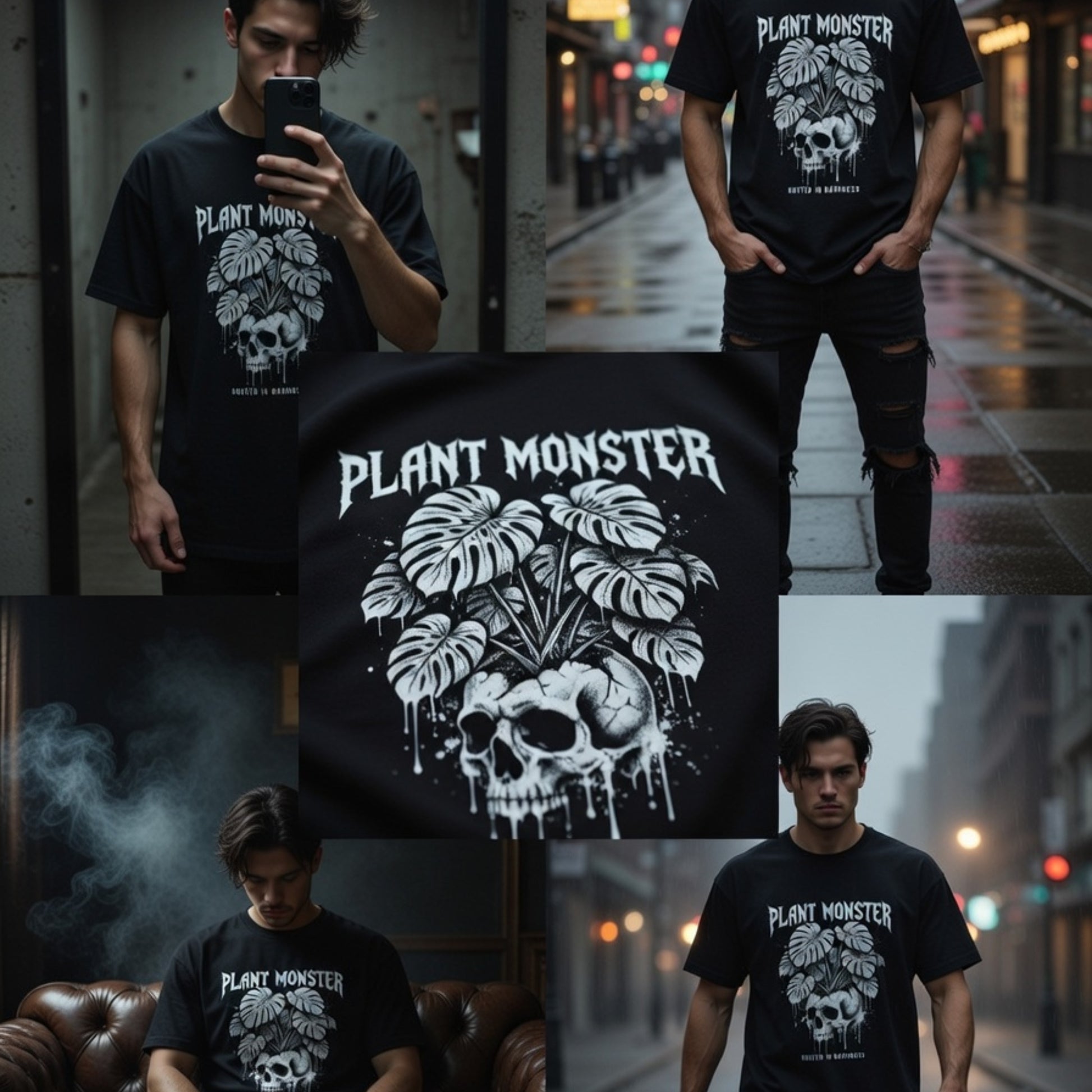 Collage of a person wearing a black t-shirt with 'Plant Monster' design in various settings.
