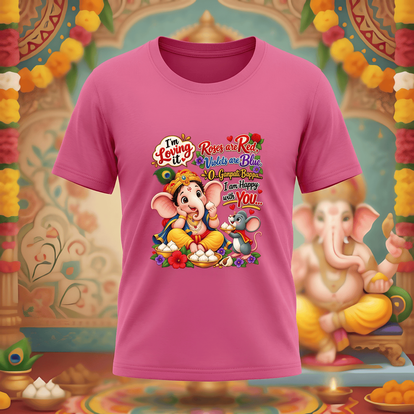 Cute Ganpati Bappa Print Girl's Crew Neck T-Shirt