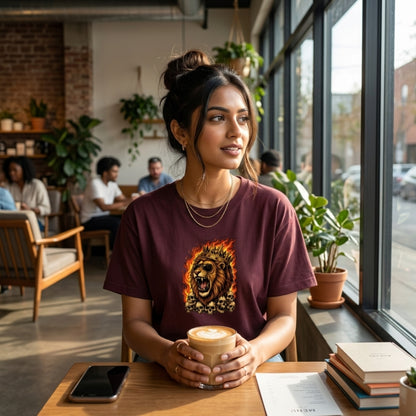 Roaring Lion Graphic T-Shirt | Flaming Skull King Cotton Tee | Streetwear Lion Print Shirt for Men Women