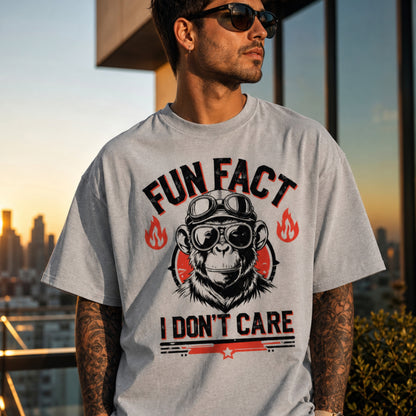 'I Don’t Care' Slogan Tees | Edgy Unisex Oversized 'Fun Fact' Graphic Tee | Monkey with Aviator Goggles & Flames | Unisex Oversized Classic T-Shirt