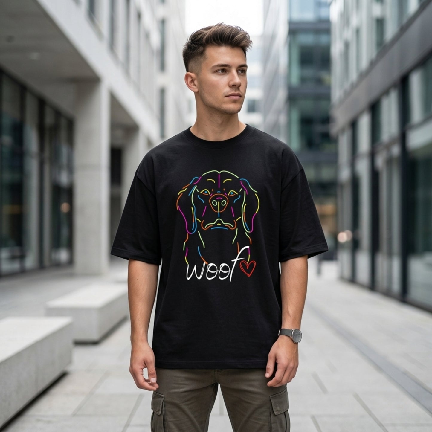 Neon Dog Line Art T-Shirt | "Woof" Dog Lover Streetwear Shirt | Oversized Unisex Terry Tee