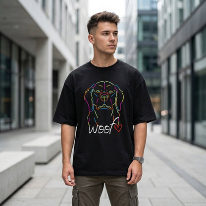 Neon Dog Line Art T-Shirt | "Woof" Dog Lover Streetwear Shirt | Oversized Unisex Terry Tee